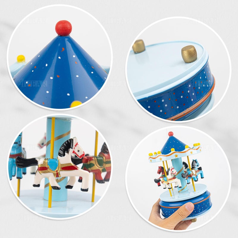 AUEAR, Vintage Mini Music Box Figurine Birthday Gift Table Decor (Carousel Wooden Horses Sky Blue) - Image 5
